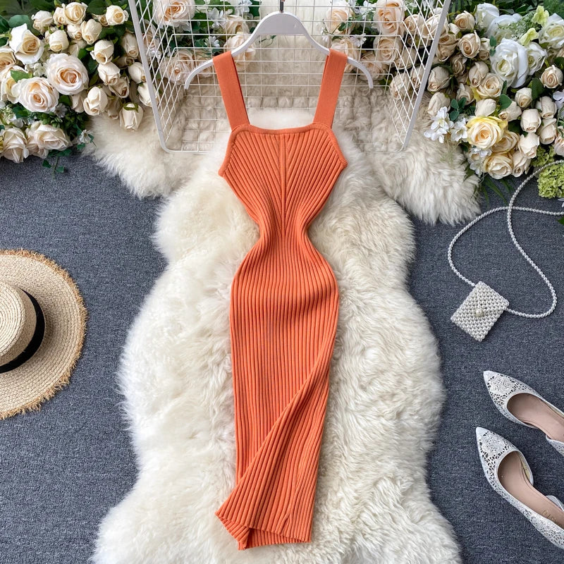 Orange Ribbed Bodycon Midi Dress with Straps