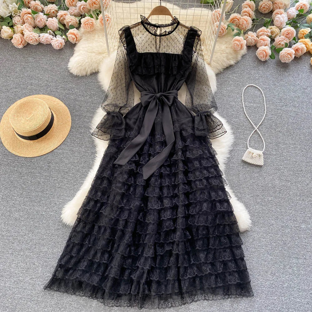 blue dress for baby girl There's Nothing To It Black Lace Tiered Midi Dress main image 0