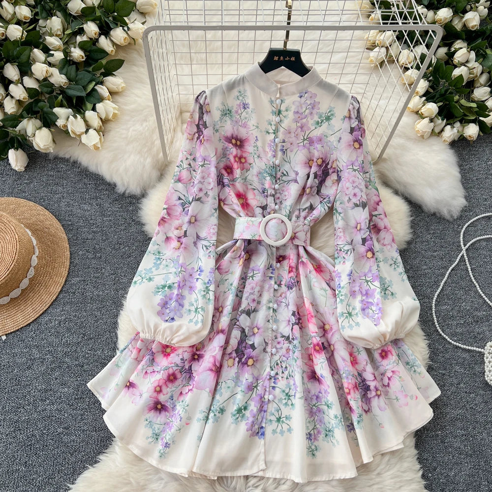 belted long sleeve mini dress Black Chenille Flowers Belted Long Sleeve Mini Dress