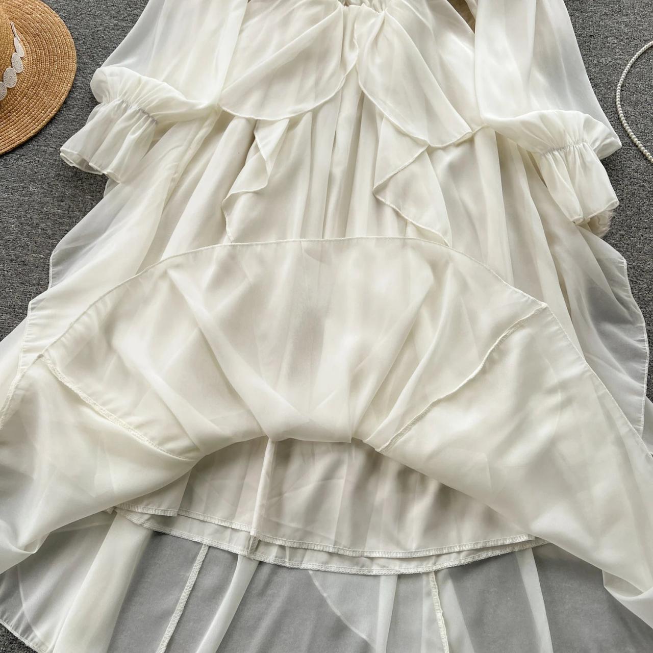 Elegant White Chiffon Ruffle Sleeve Maxi Dress on Luulla