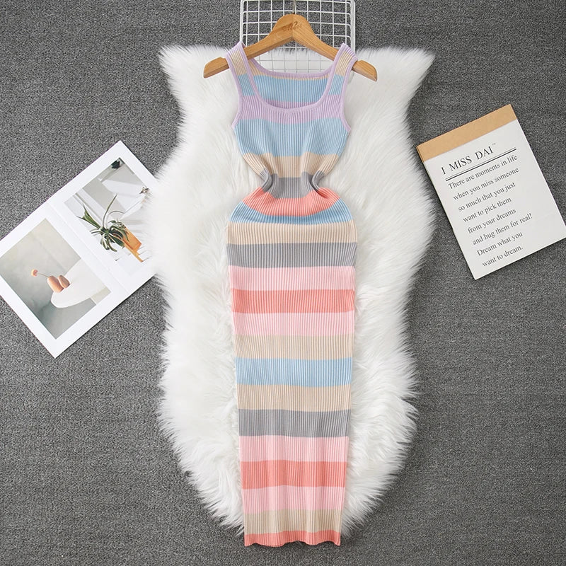 Colorful Sleeveless Striped Ribbed Knit Maxi Dress