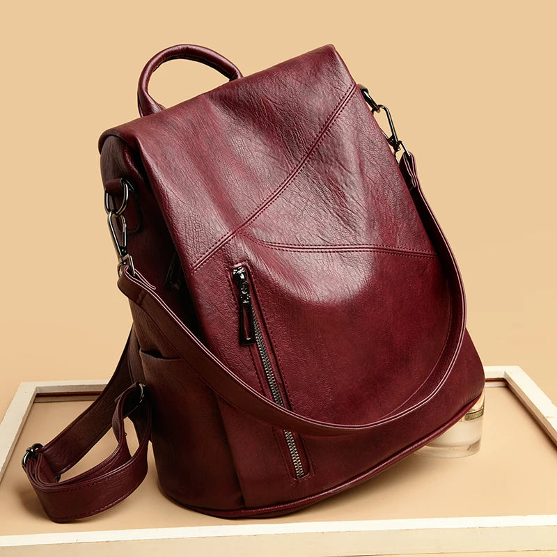 Stylish Burgundy Leather Convertible Backpack Purse on Luulla