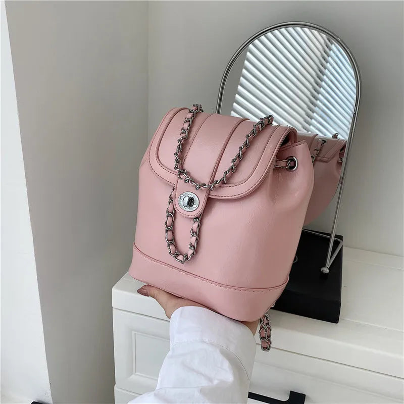 Stylish Pink Leather Backpack With Chain Strap