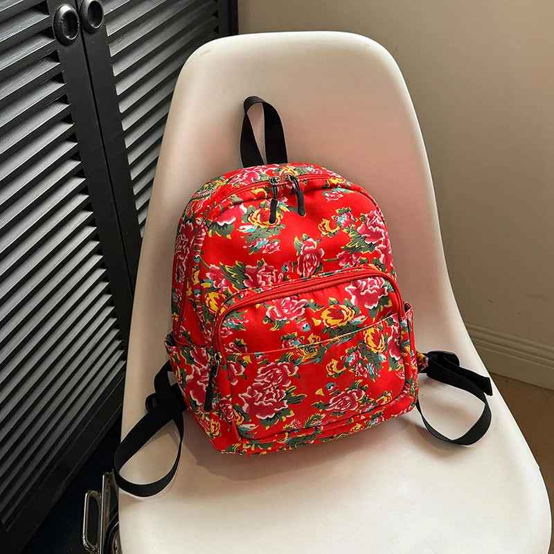 Floral Red Backpack With Multiple Pockets Travel on Luulla