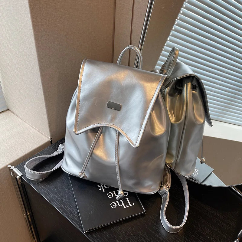 Silver Faux Leather Drawstring Backpack For Women on Luulla