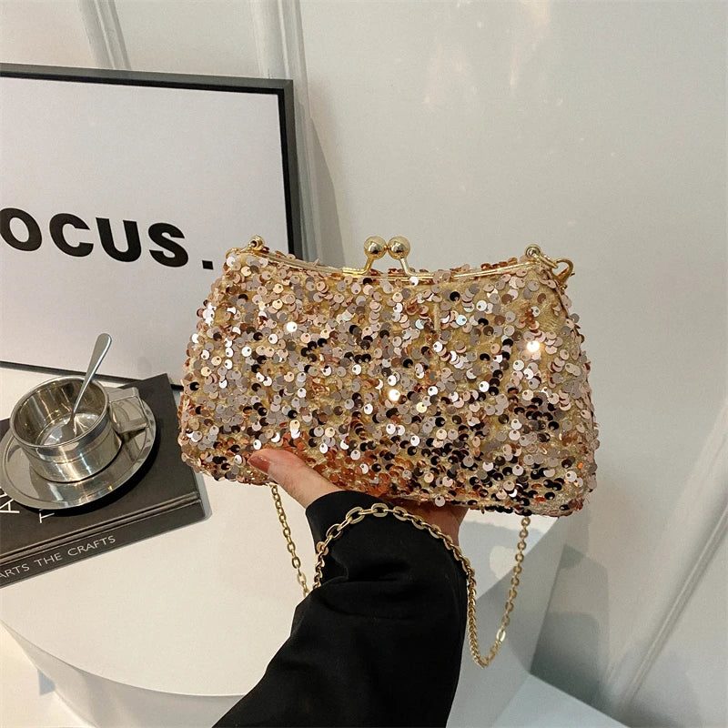 Gold sequin clutch purse top