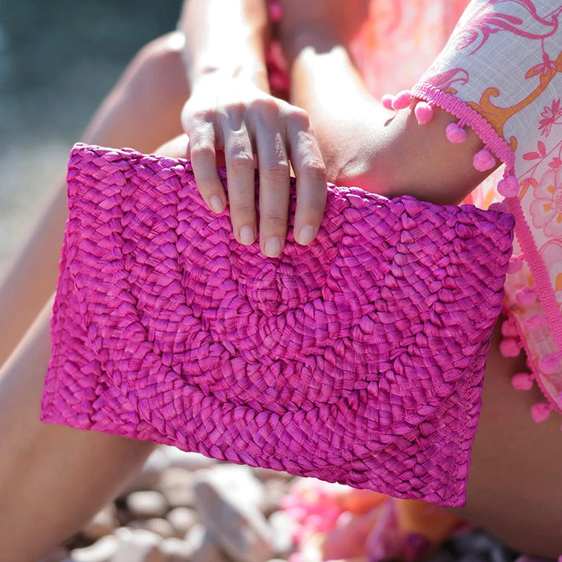 Pink Woven Straw Clutch Bag for Women