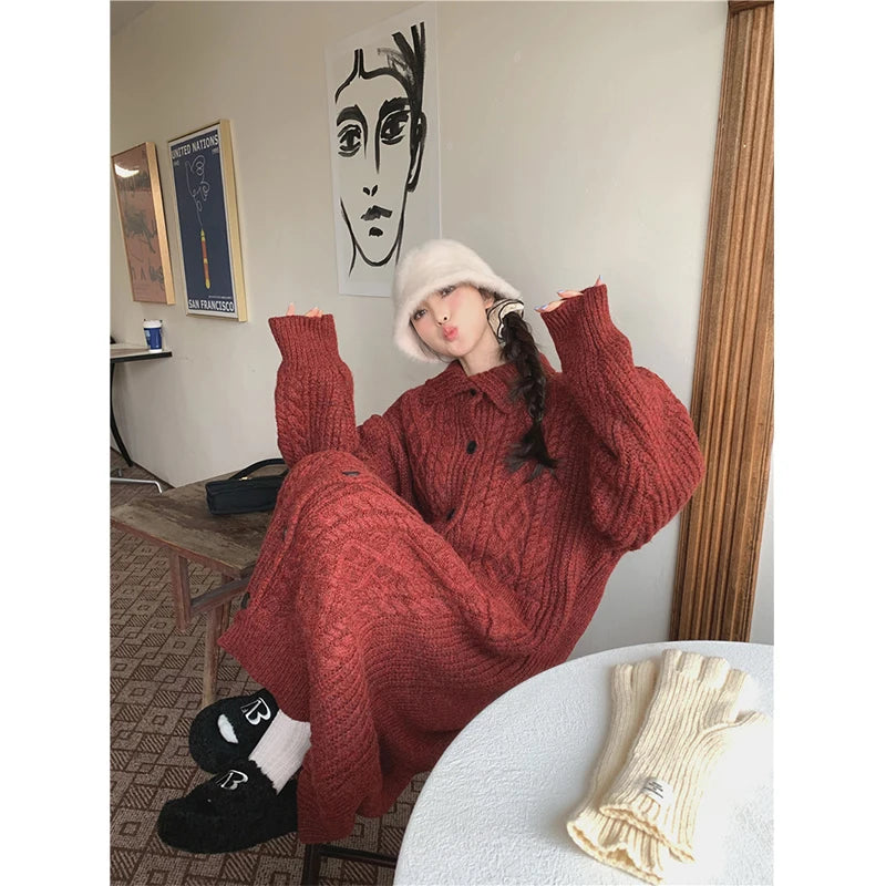 Cozy Knit Oversized Sweater Dress And Gloves Set