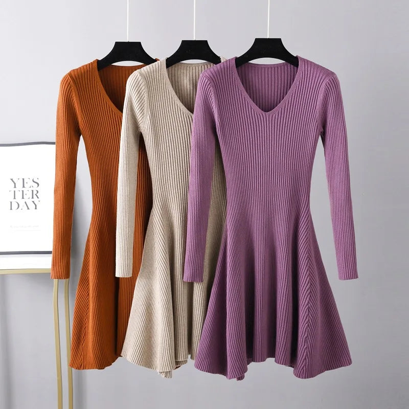 Womens Long-sleeve Ribbed Knit Sweater Dress on Luulla