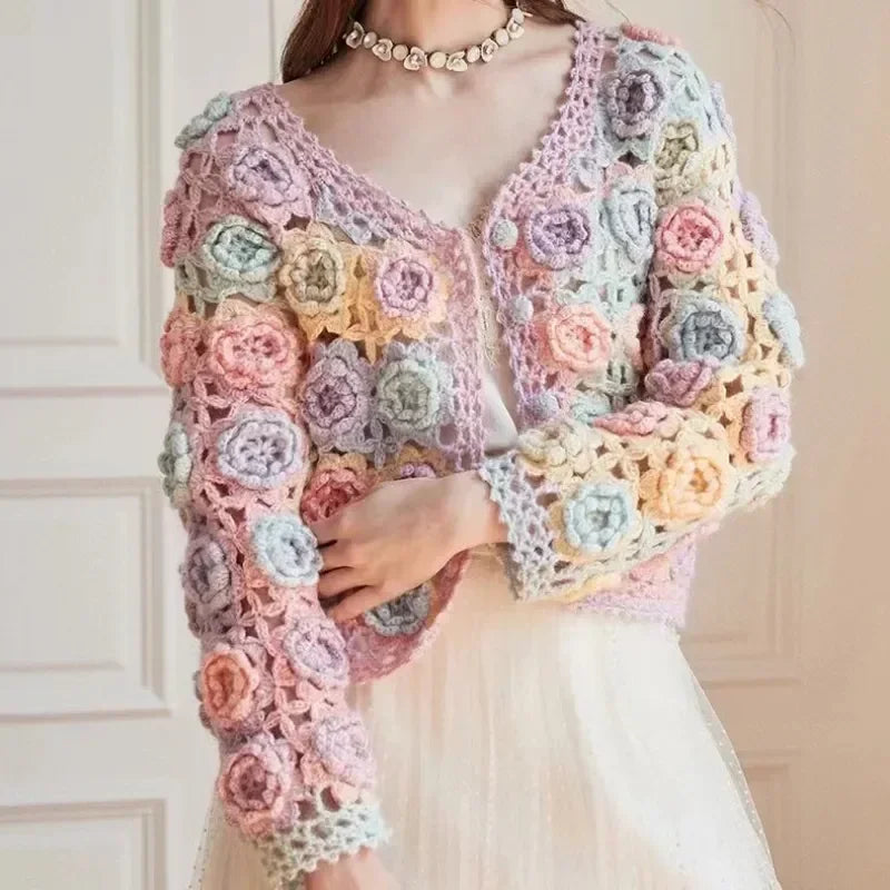 Handmade Pastel Floral Crochet Cardigan Sweater