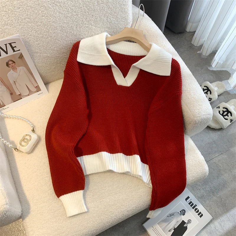 Womens Red Knit Sweater With White Collar on Luulla