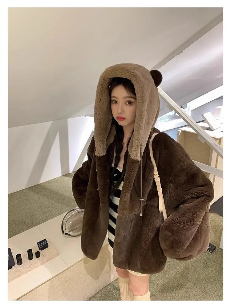Cozy Faux Fur Hoodie With Bear Ears on Luulla
