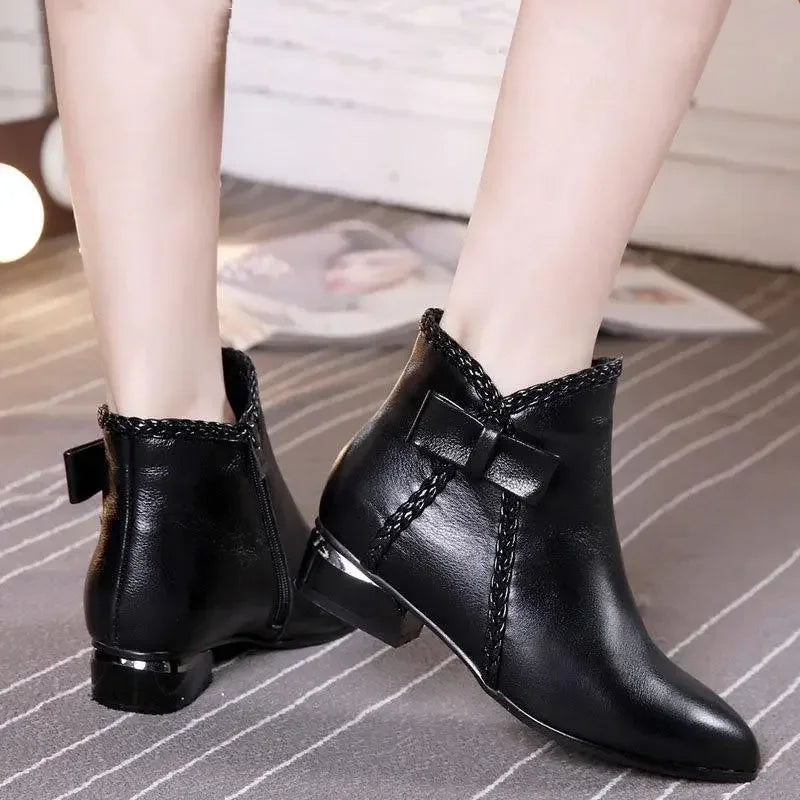 Womens Stylish Black Ankle Boots with Bow