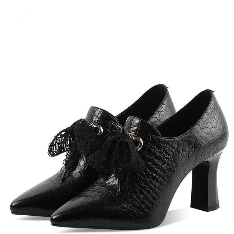 Black Lace-up Croc-embossed Block Heel Pumps on Luulla