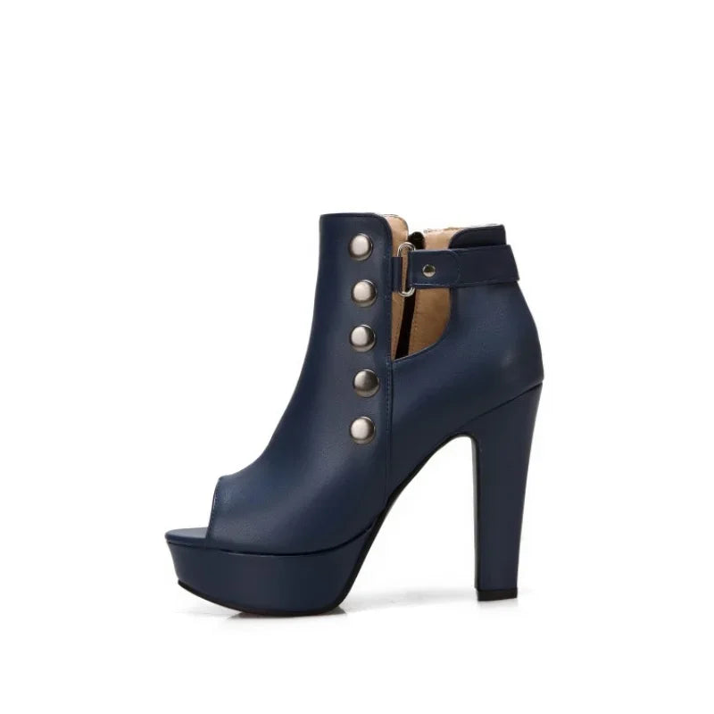 Navy High Heel Platform Ankle Boots with Studs