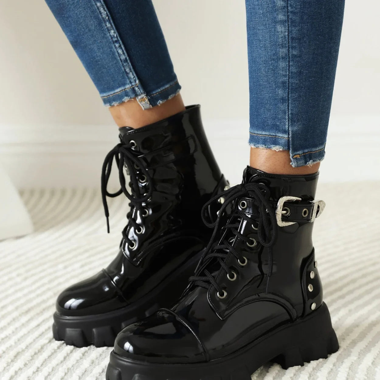 Glossy black combat boots shop