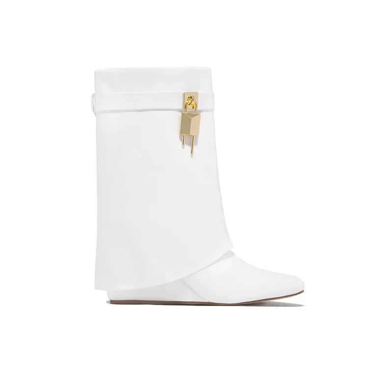 Designer White Leather Ankle Boots With Lock