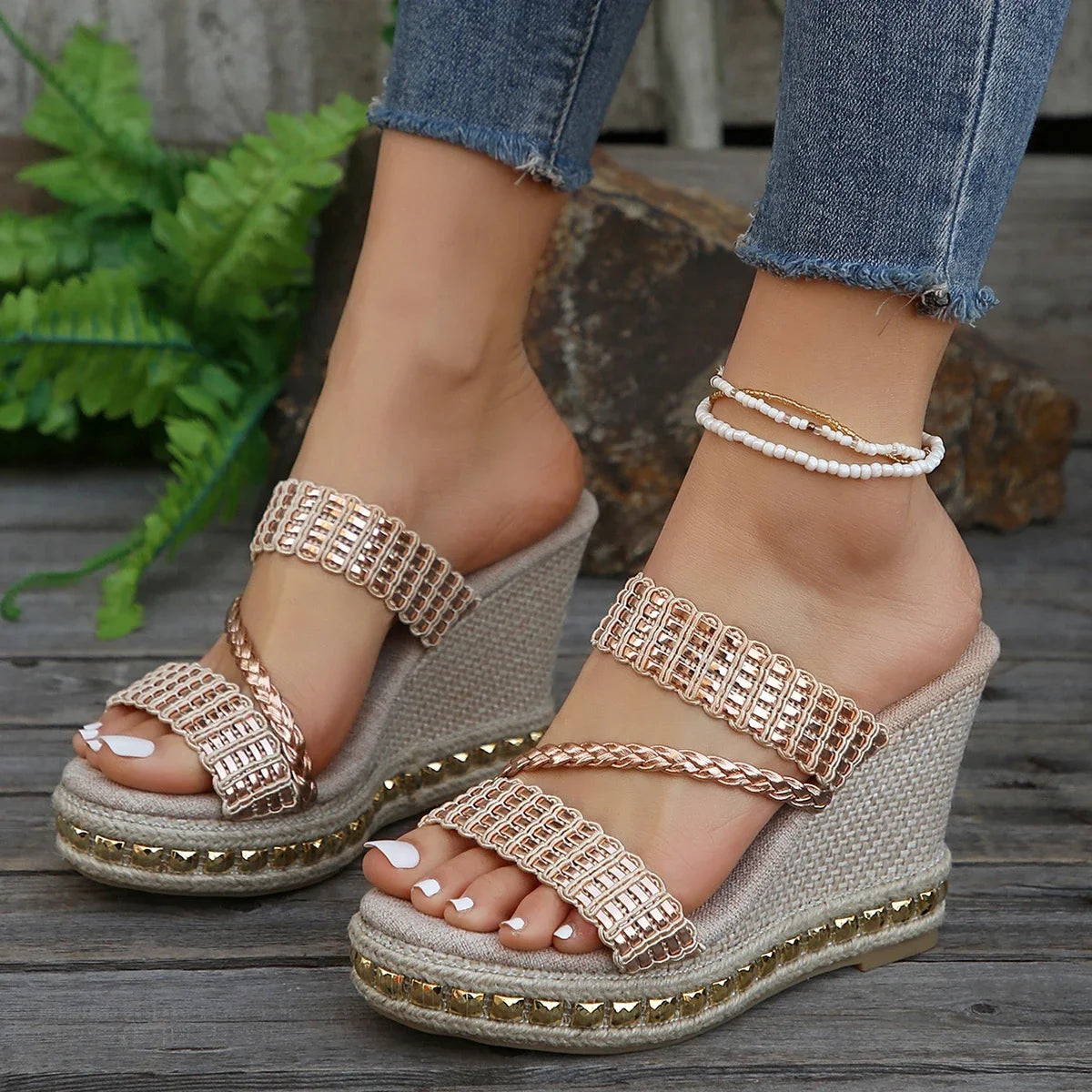Rose gold strappy wedges store