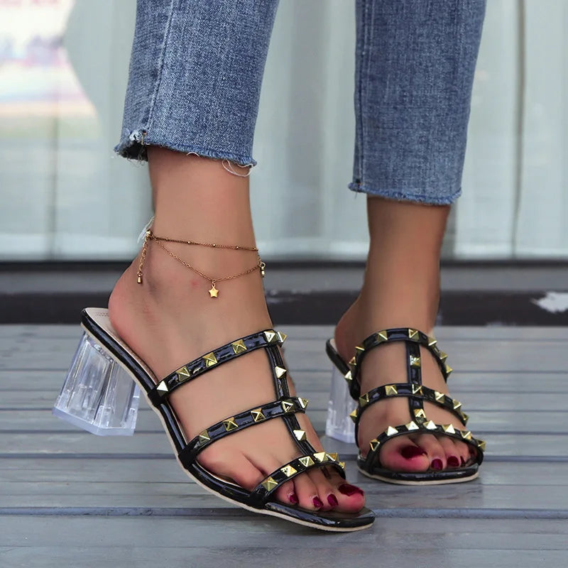 Studded Strappy Clear Block Heel Sandals on Luulla