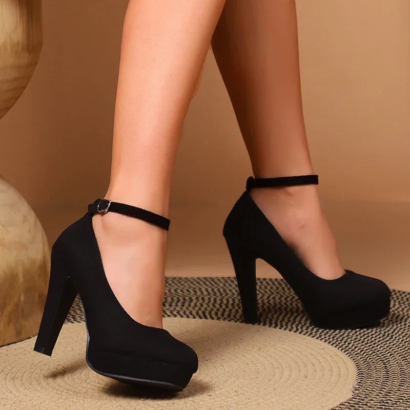Womens Elegant Black Ankle Strap High Heels