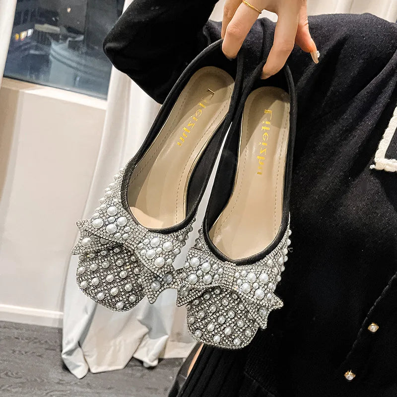 Elegant Pearl embellished Black Ballet Flats Shoes on Luulla
