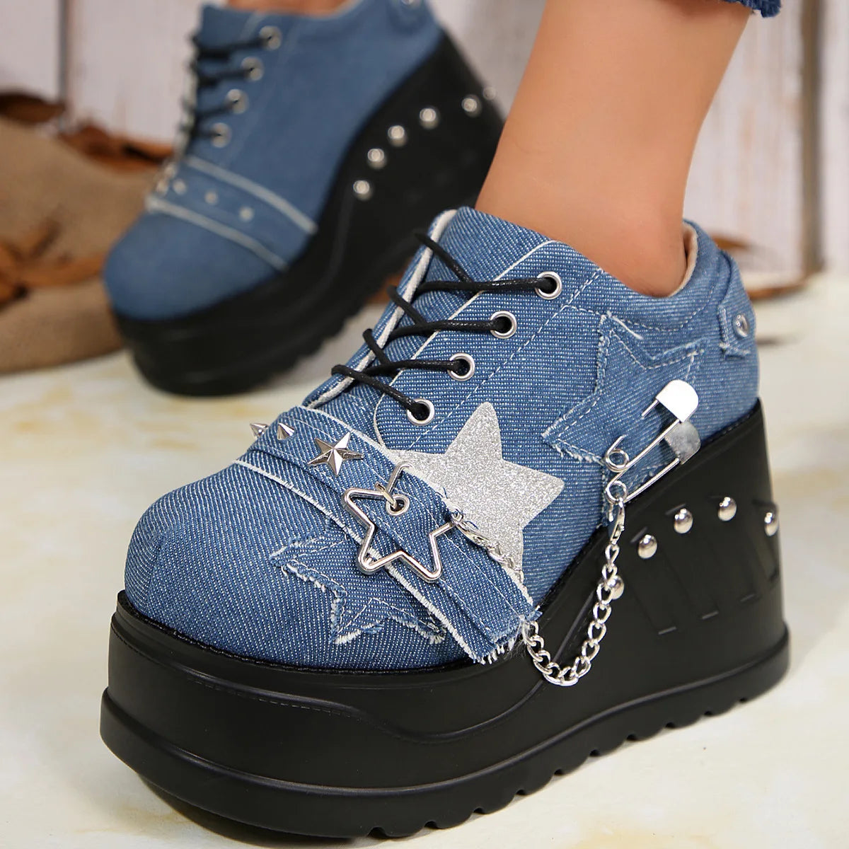 Denim Star Platform Wedge Sneakers with Chain