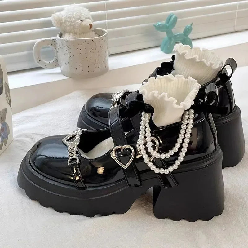 Gothic Lolita Platform Shoes With Pearl Chains on Luulla