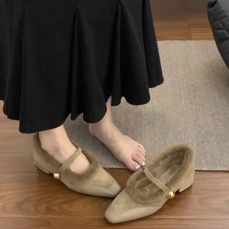 Womens Faux Fur Lined Mary Jane Flats