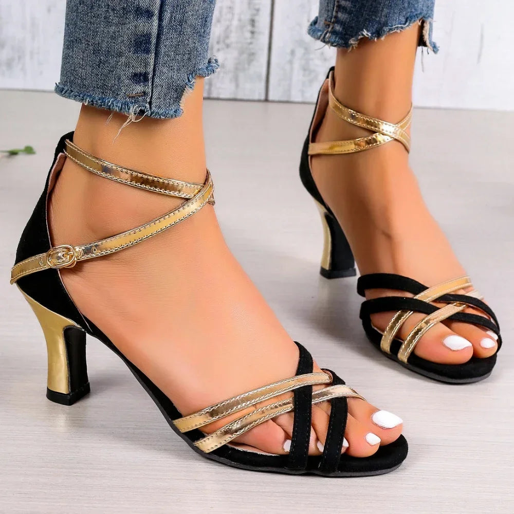 Gold And Black Strappy High Heel Sandals