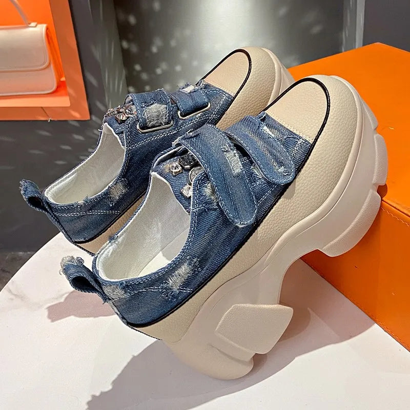 Distressed Denim Chunky Sneakers with Velcro Straps