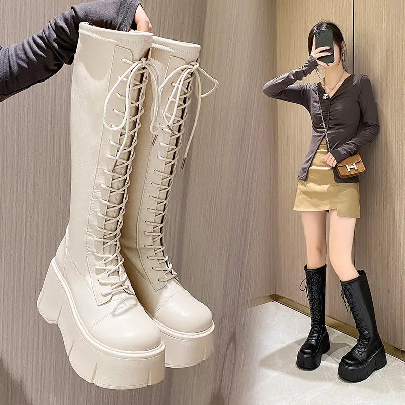 Knee high lace up combat boots store
