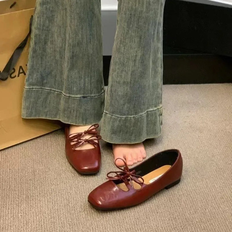 Burgundy lace up flats online
