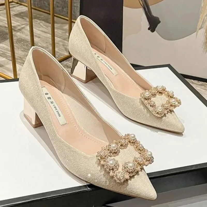 Elegant Pearl-embellished Beige Low Heel Pumps on Luulla