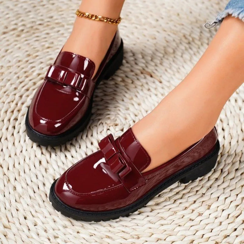 Burgundy Patent Leather Loafers with Bow Accent
