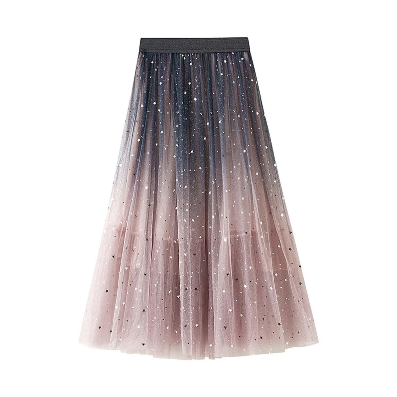 Shimmering Ombre Tulle Maxi Skirt with Stars