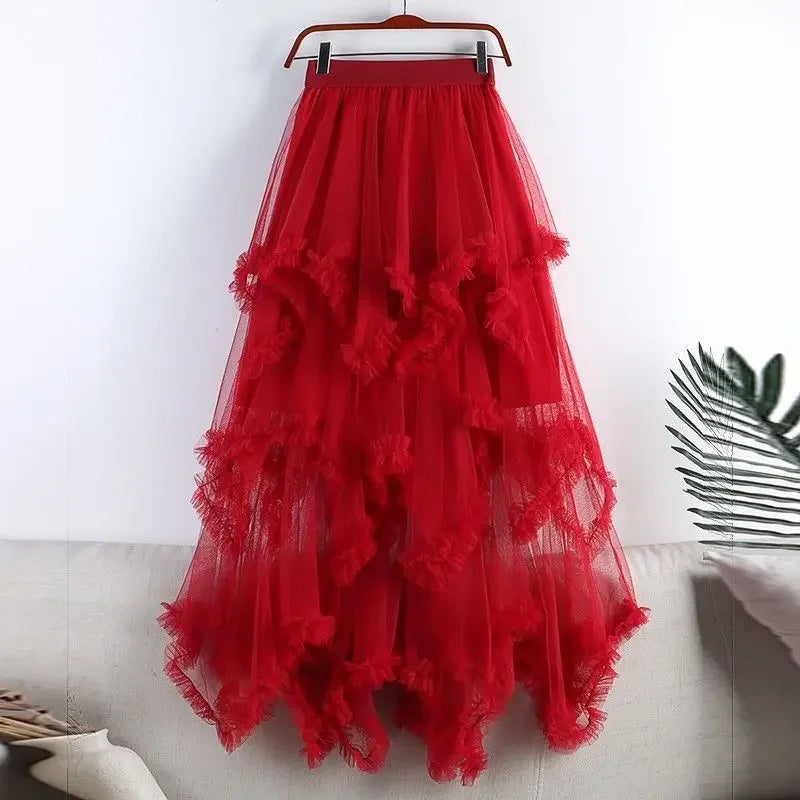 Red Layered Tulle Skirt with Ruffle Design