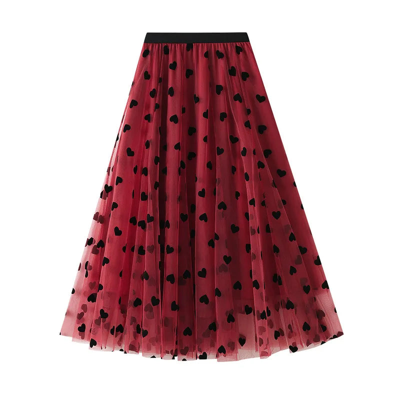 Red Heart Print Tulle Midi Skirt