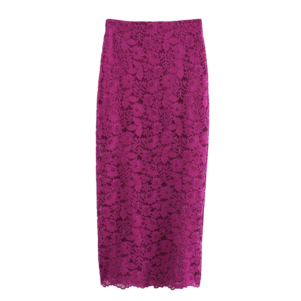 Floral Lace Magenta Midi Dress for Women