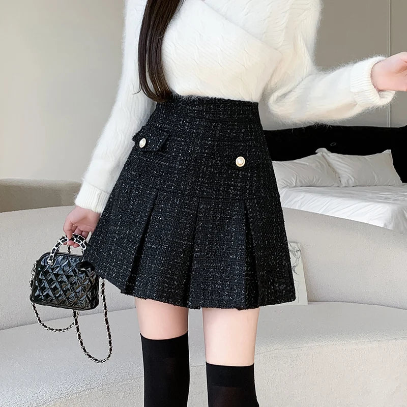 Chic Black High Waist Tweed Skirt for Women