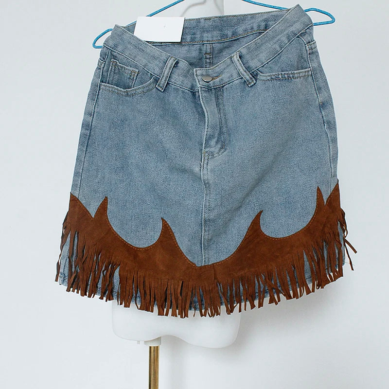 Denim Fringe Skirt With Leather Accent Design on Luulla