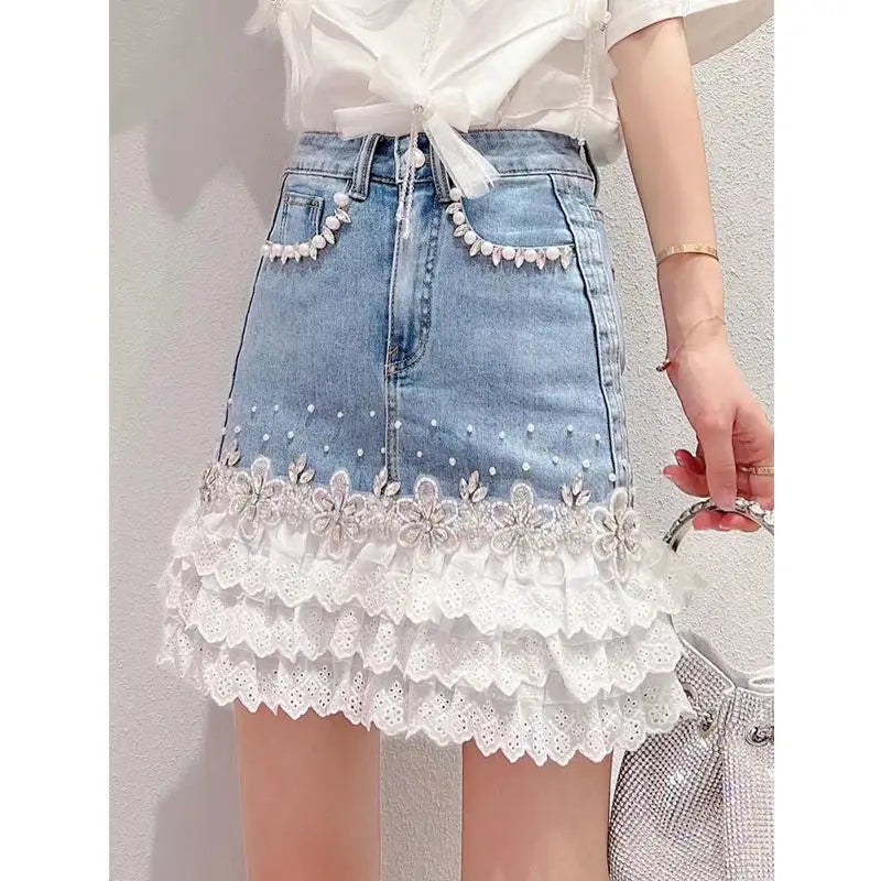 Embroidered Denim Skirt With Lace Trim Hem on Luulla
