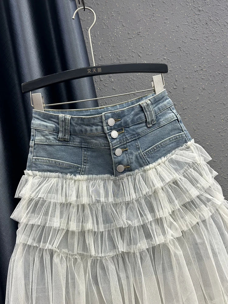 Denim Layered Tulle Skirt With Buttons Design on Luulla