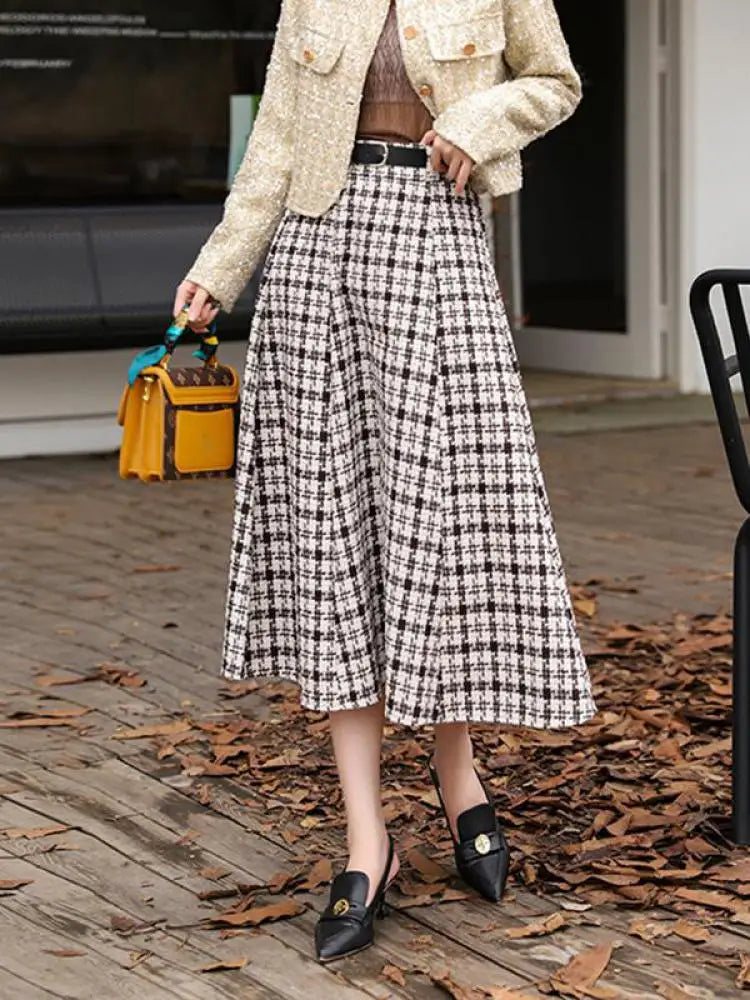 【お試し価格！】 Skirt Midi High-waisted Houndstooth Chic For Luulla on Women スカート