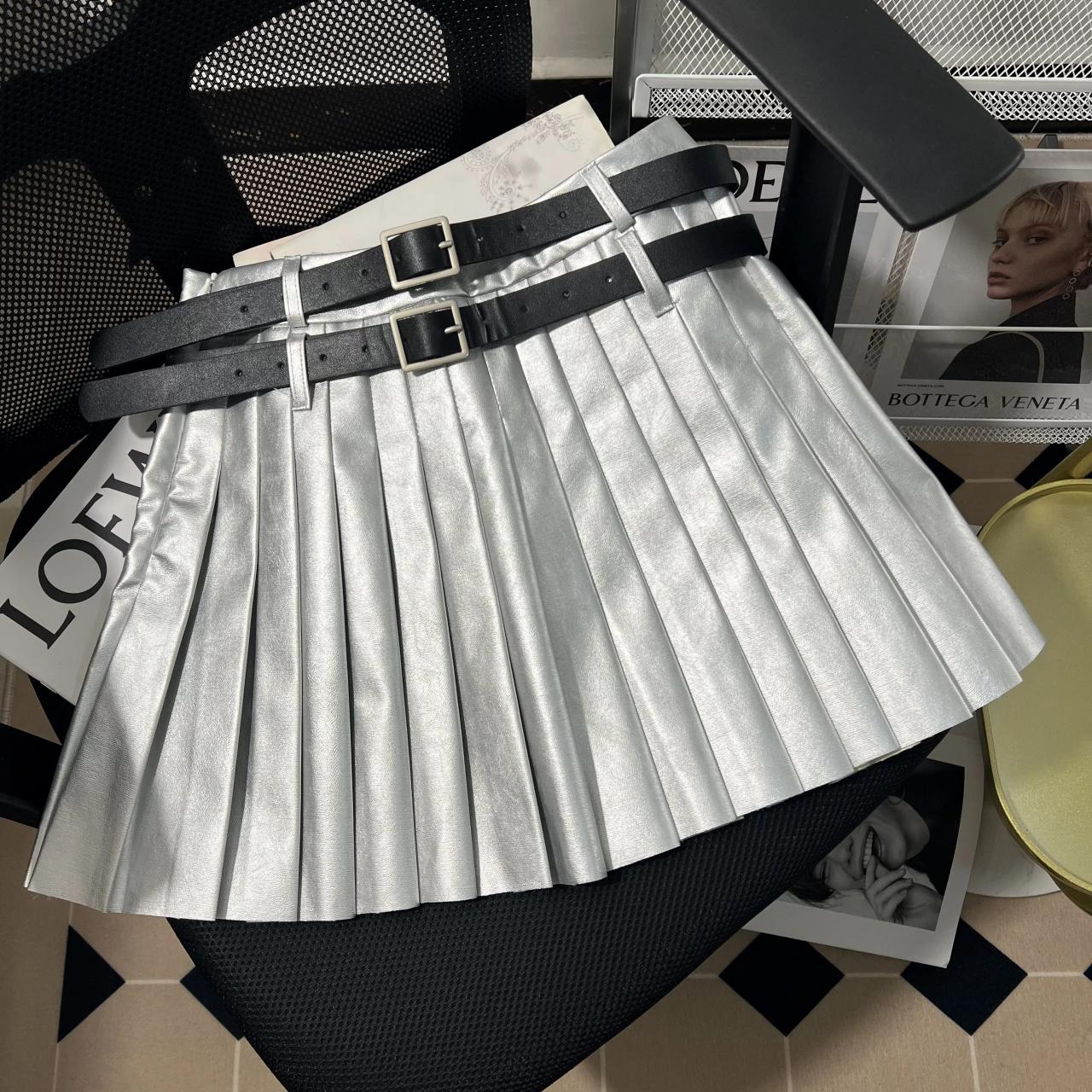 Metallic Silver Pleated Mini Skirt With Belts