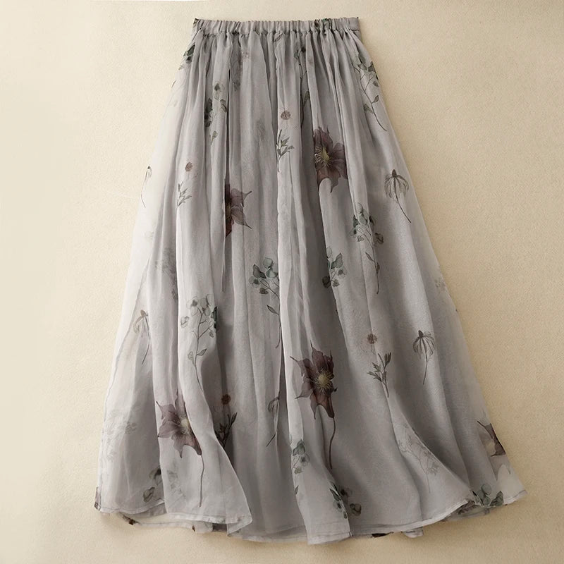 Floral Gray Chiffon Maxi Skirt For Women
