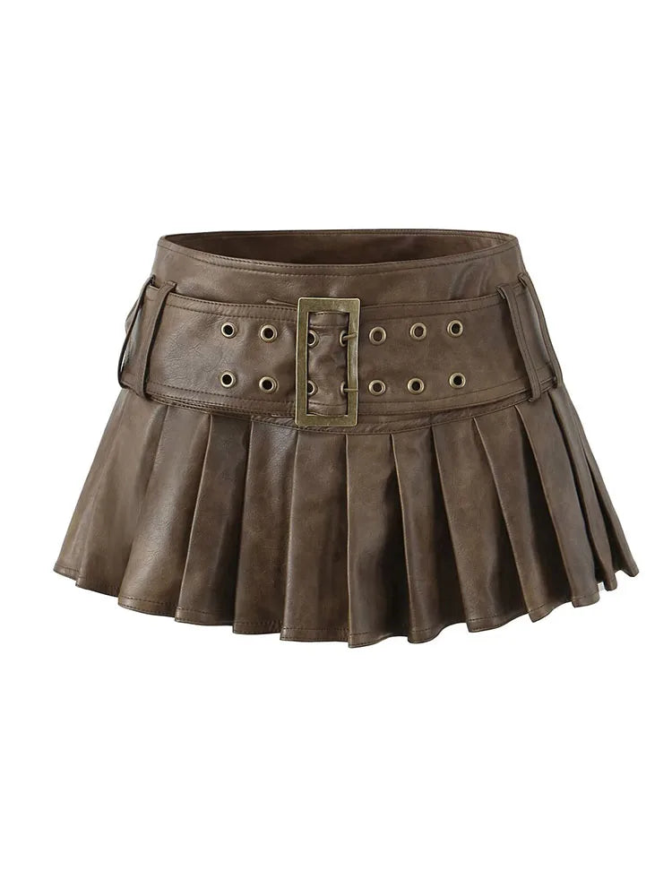Faux Leather Belted Pleated Mini Skirt Brown on Luulla
