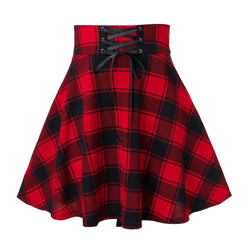 Blvb Skirt for Women Casual Plaid Print High Waisted Lace Up Versatile Stretchy Flared A Line Pleated Short Skater Skirt Red