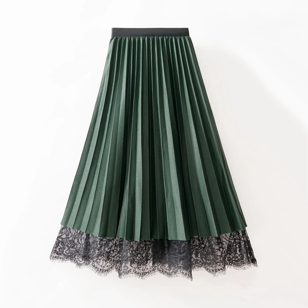 Green pleated lace skirt outlet