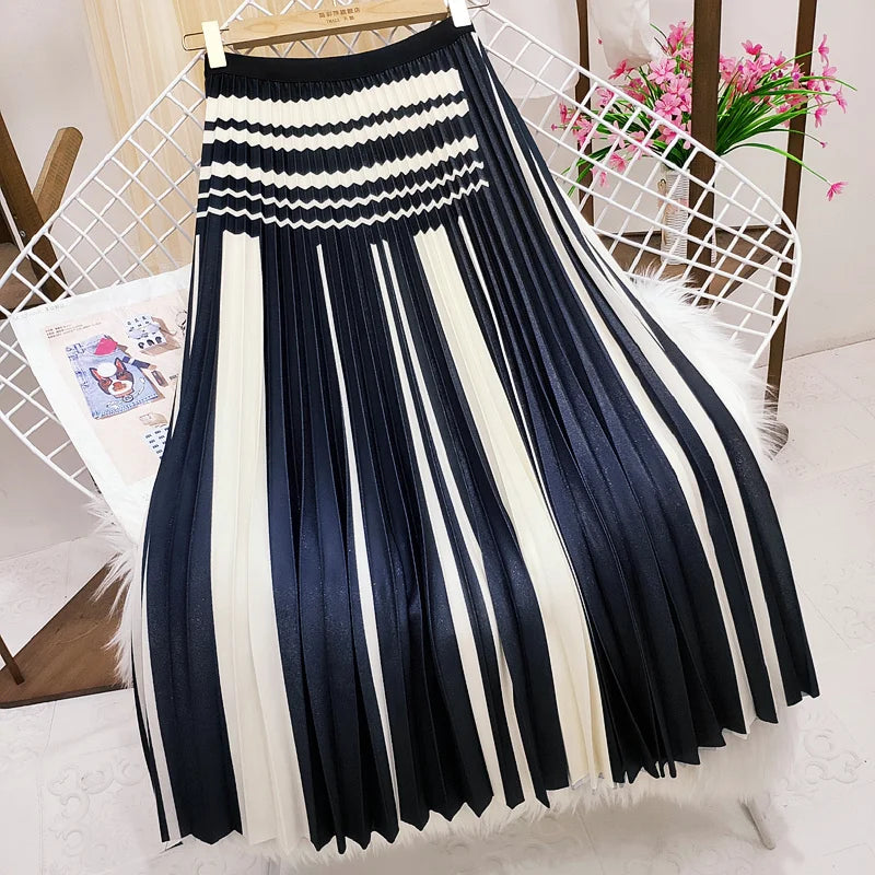 Navy And White Striped Pleated Midi Skirt