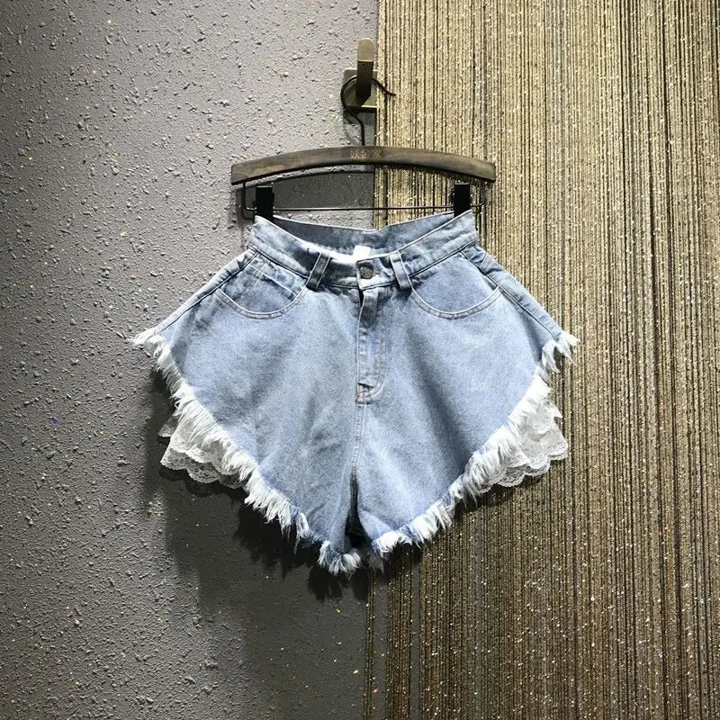 Denim shorts with lace trim top
